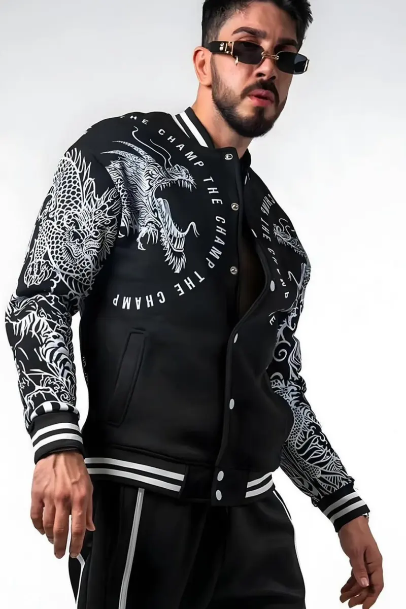 Men College Dragon Spirit Print Jacket