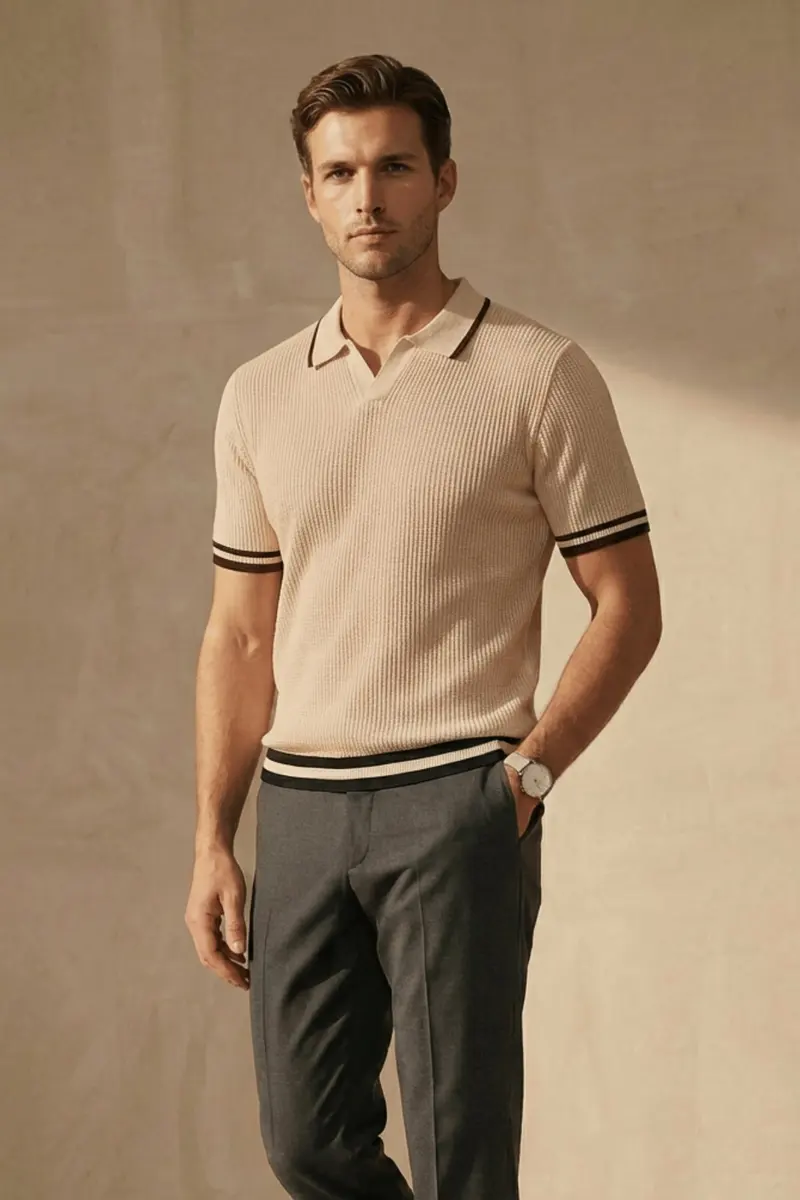 Men Ribbed Striped Polo Shirt