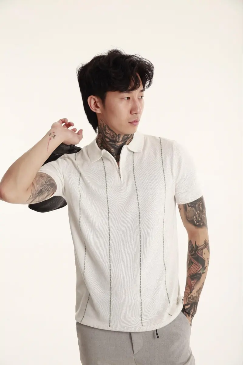 Men Zip-Up Striped Polo Shirt