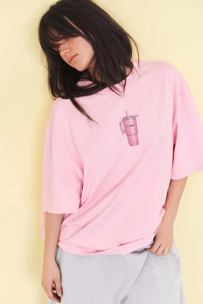 Women Oversize Pink Print T-Shirt