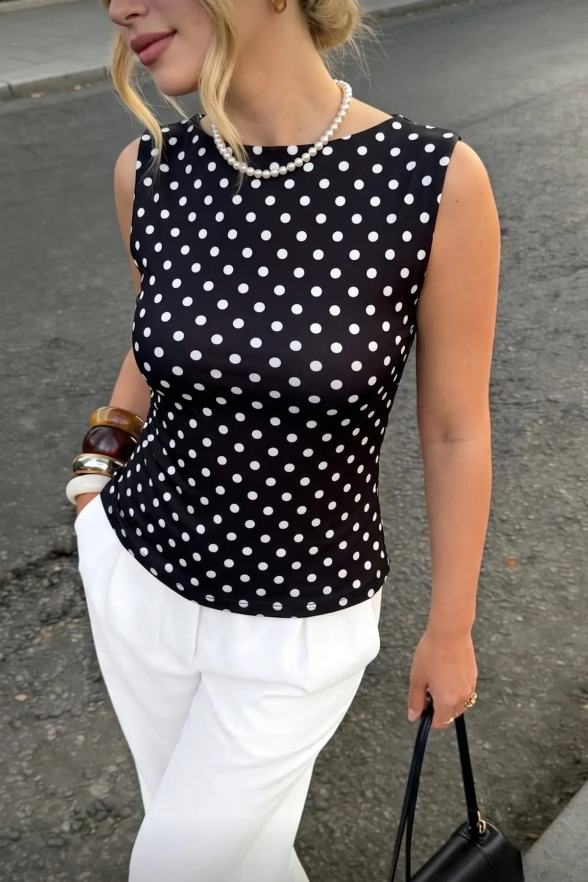 Damen Polka Muse Gepunktet Bluse — Black
