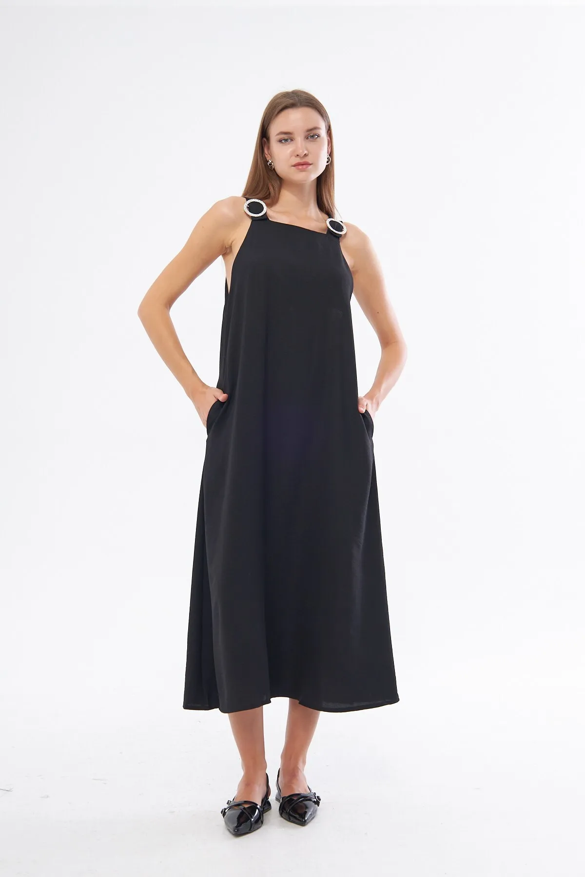 Women Draped Square Woven Dress 0625 — Black