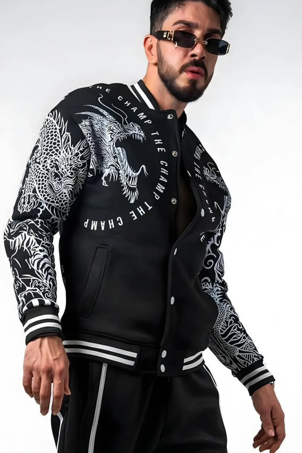 Men College Dragon Spirit Print Jacket — Black