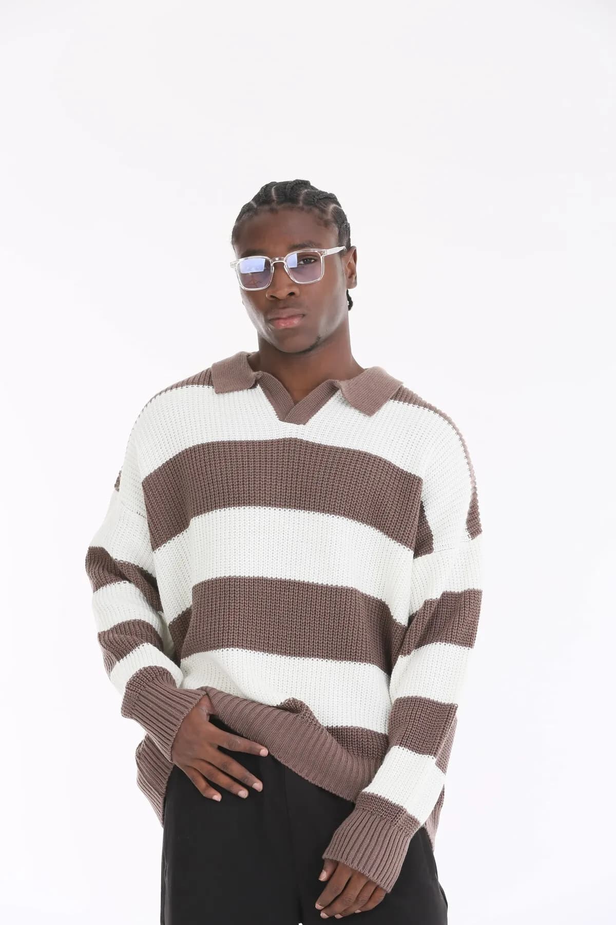 Men Oversize Striped Knit Top — Brown