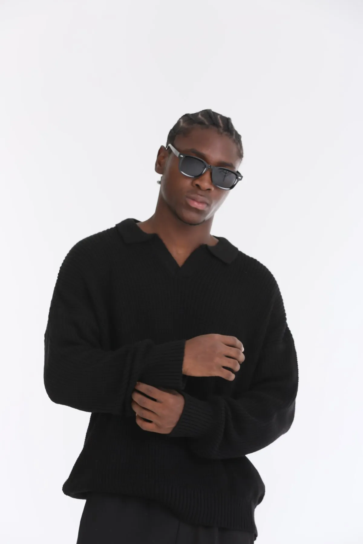 Men Oversize Ribbed Knit Top — Black