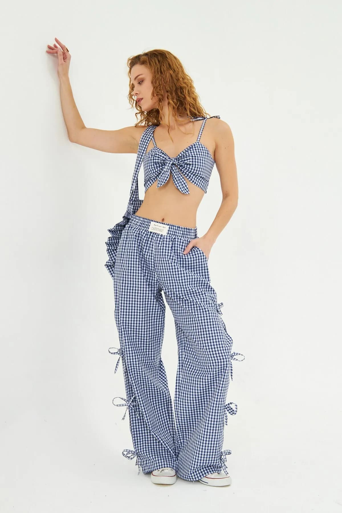 Women Crop Checked Bag Co-ord Set — Blue