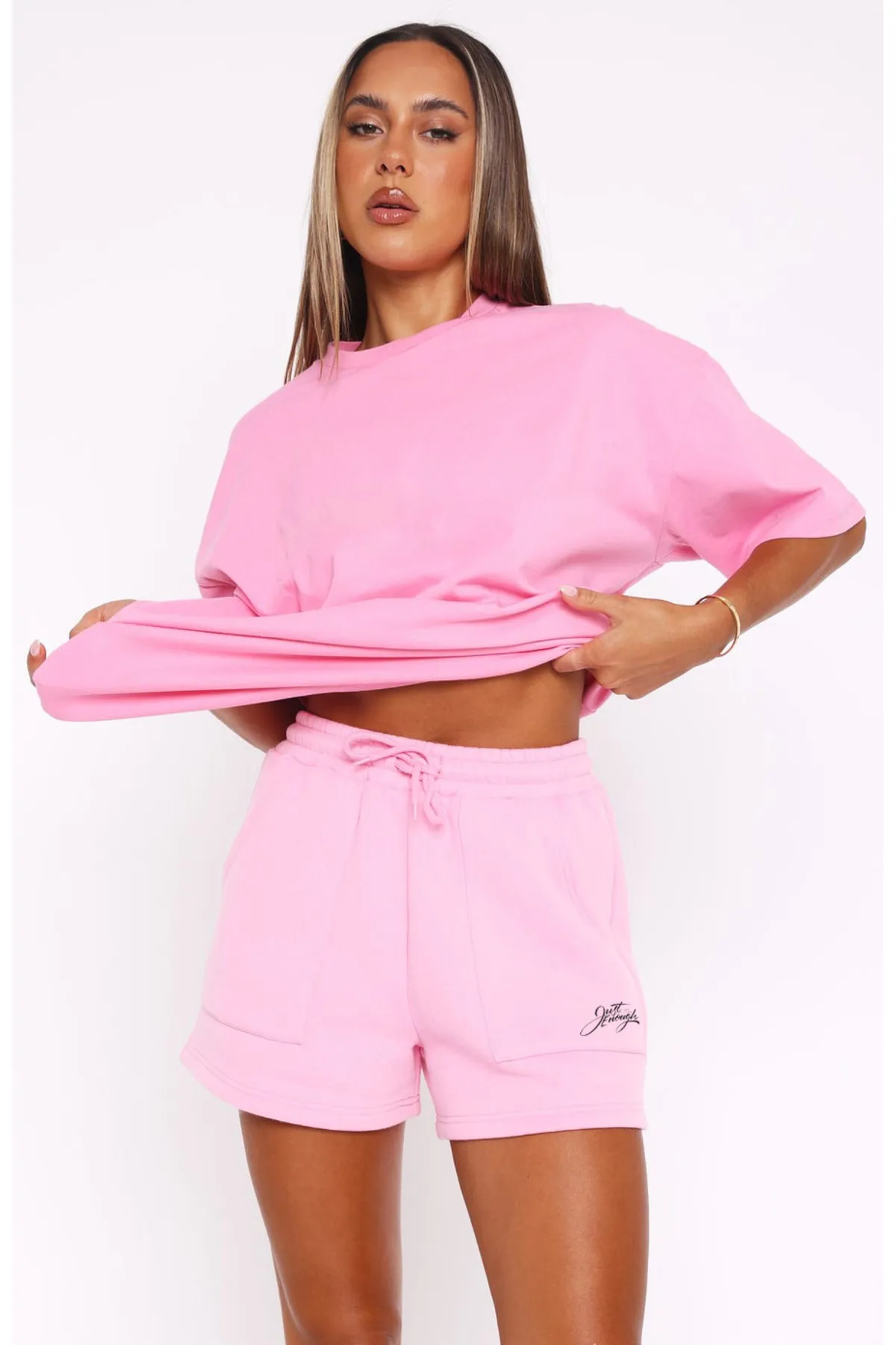 Women Basic Text Print Shorts — Pink