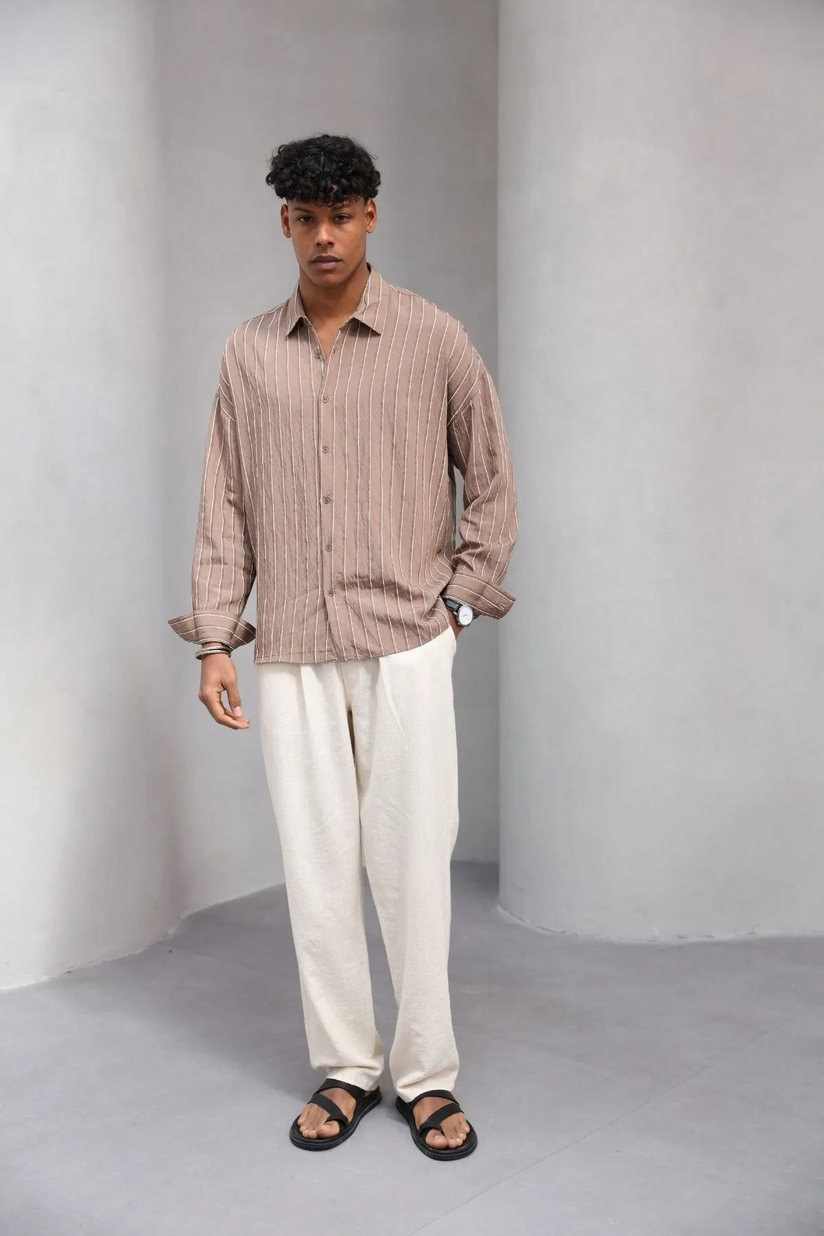 Men Textured Striped Shirt — Brown