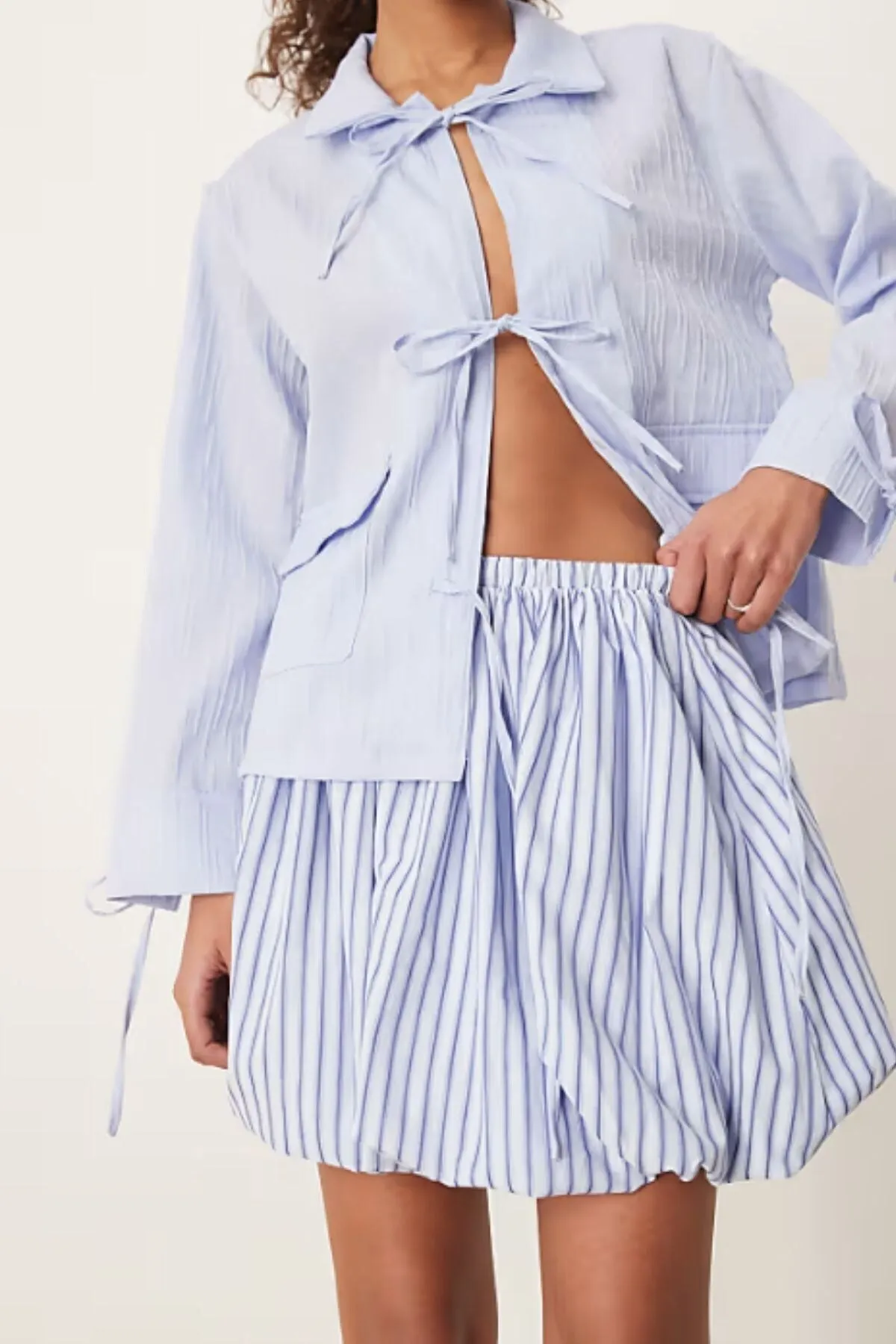Women Balloon Mini Striped Skirt — Light Blue