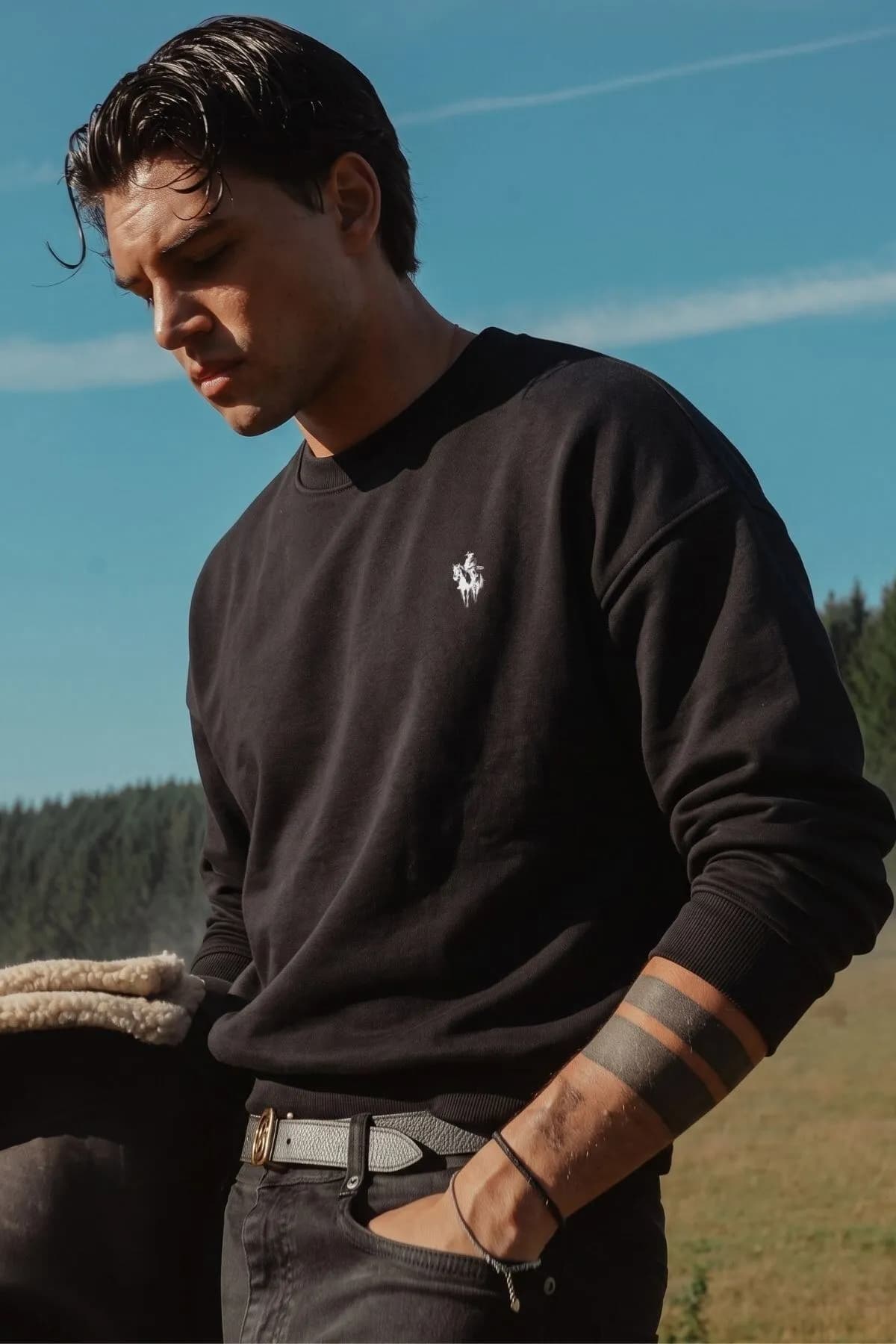 Men Oversize Rider Print Sweatshirt — Black