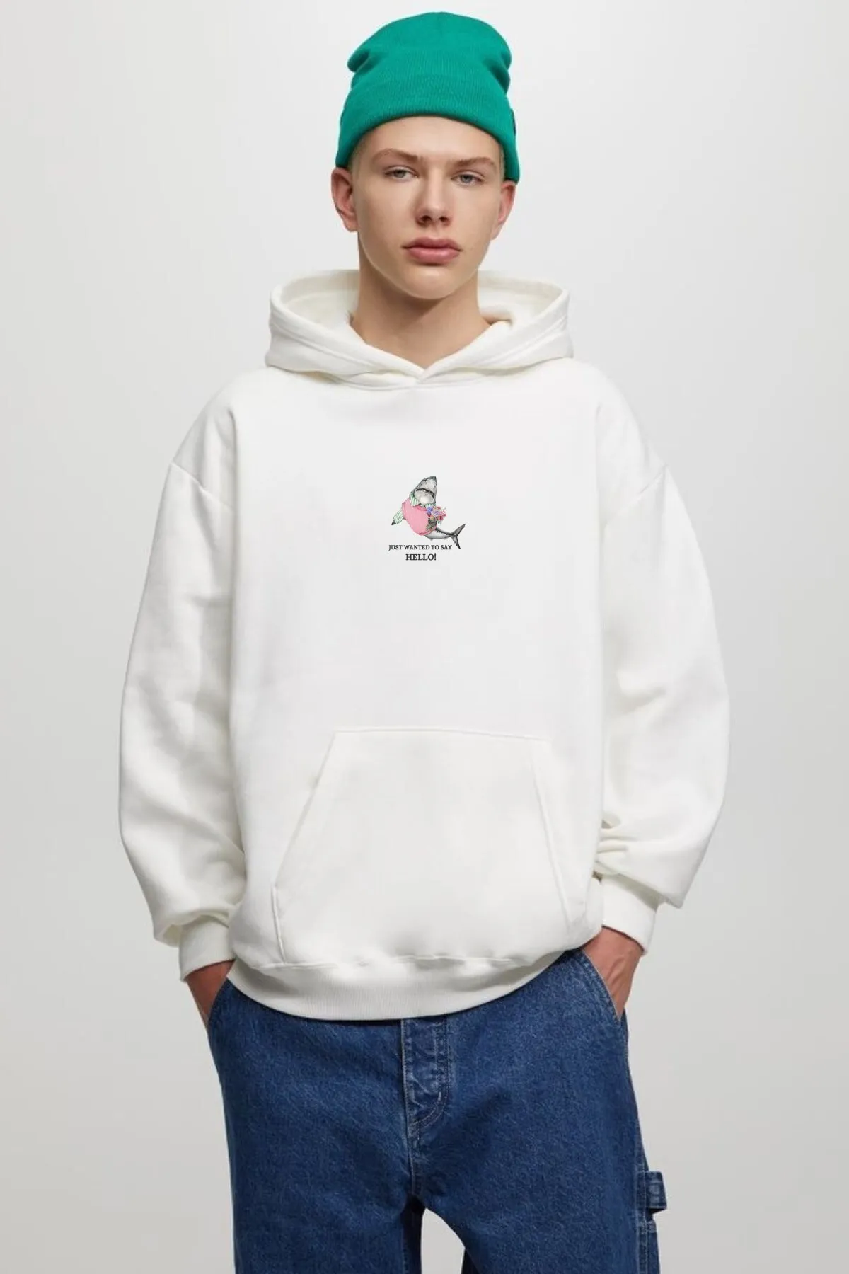 Men Oversize Shark Print Sweatshirt — White