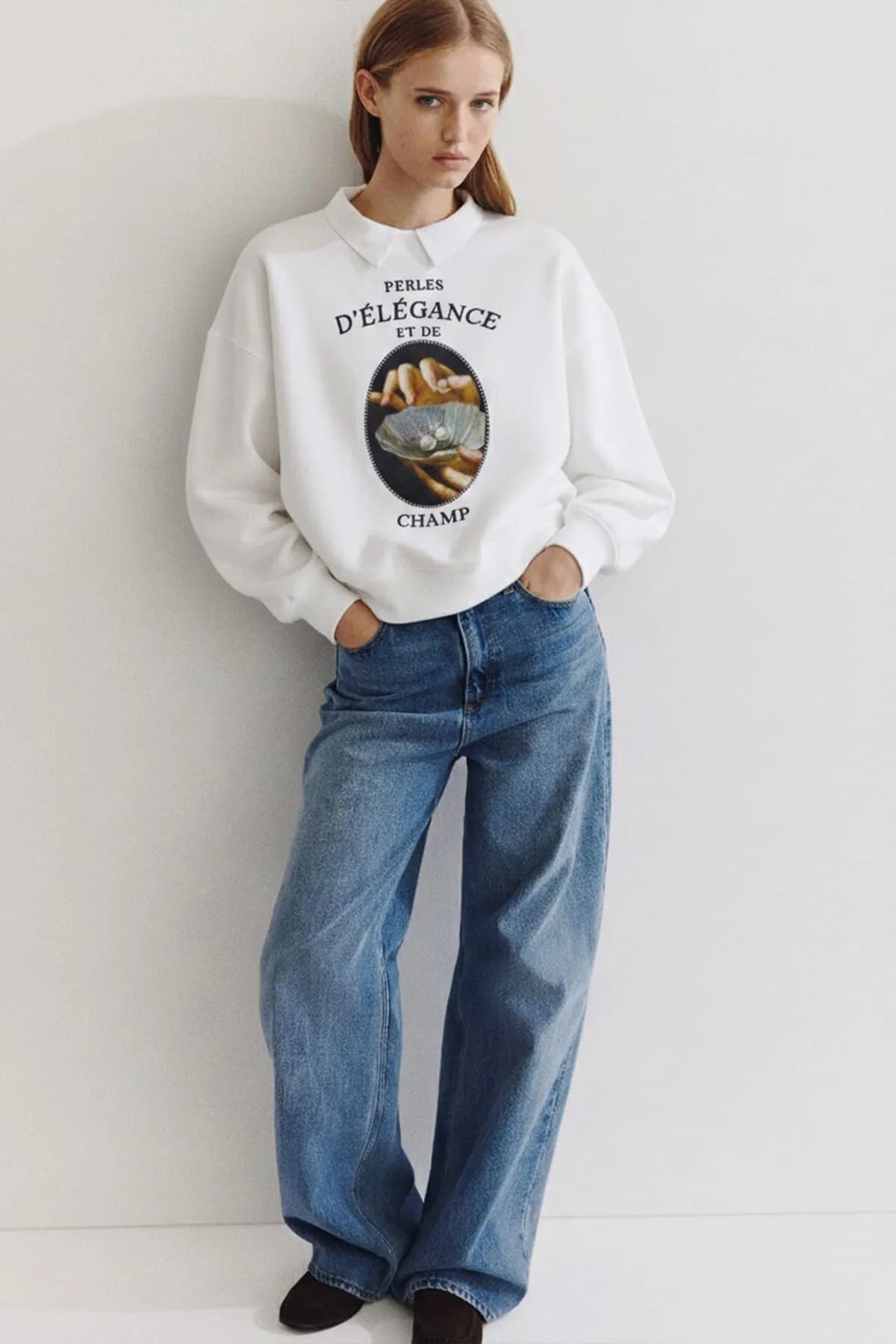 Women Oversize Perles Print Sweatshirt — White