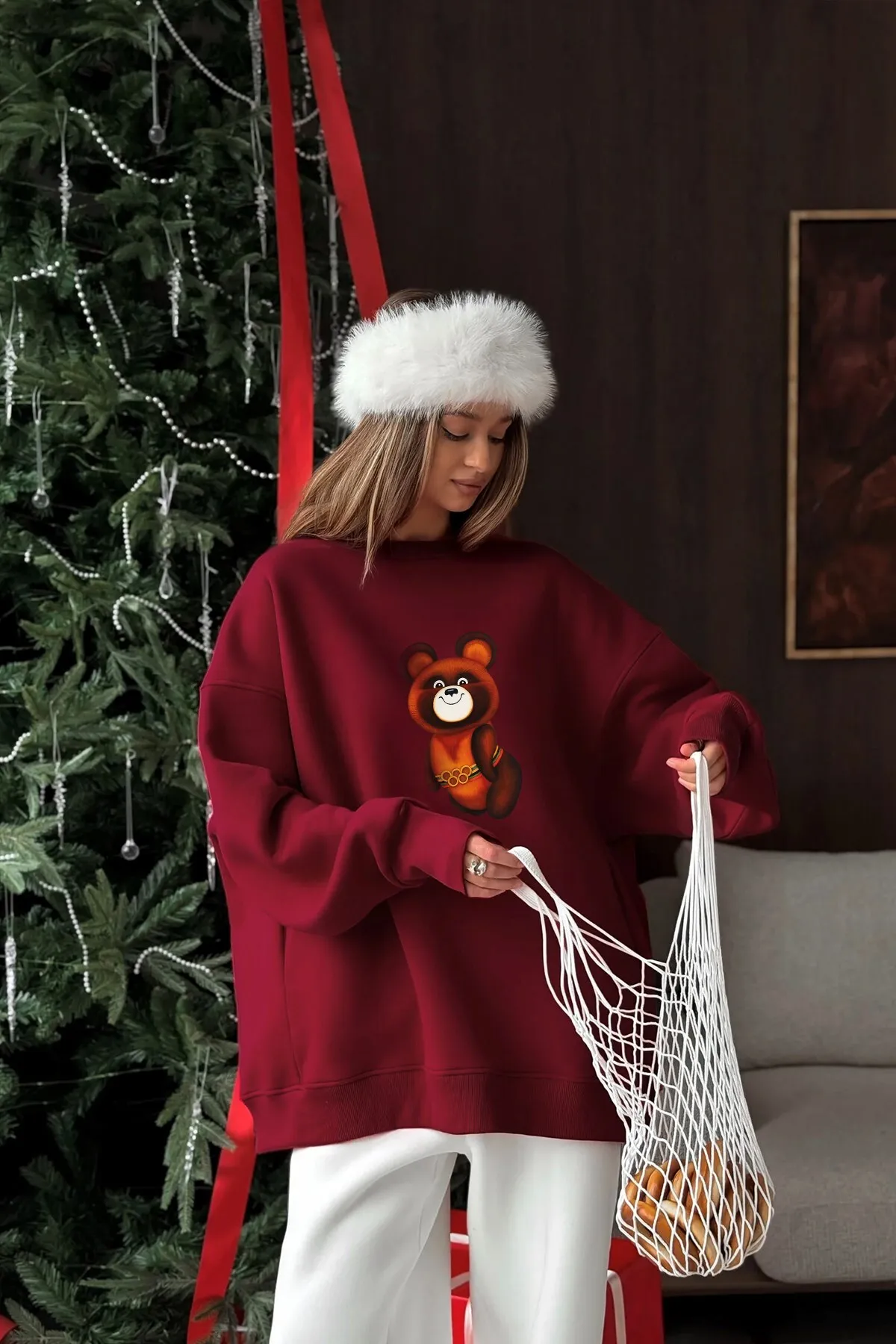 Damen Oversize Misha Print Sweatshirt — Burgundy