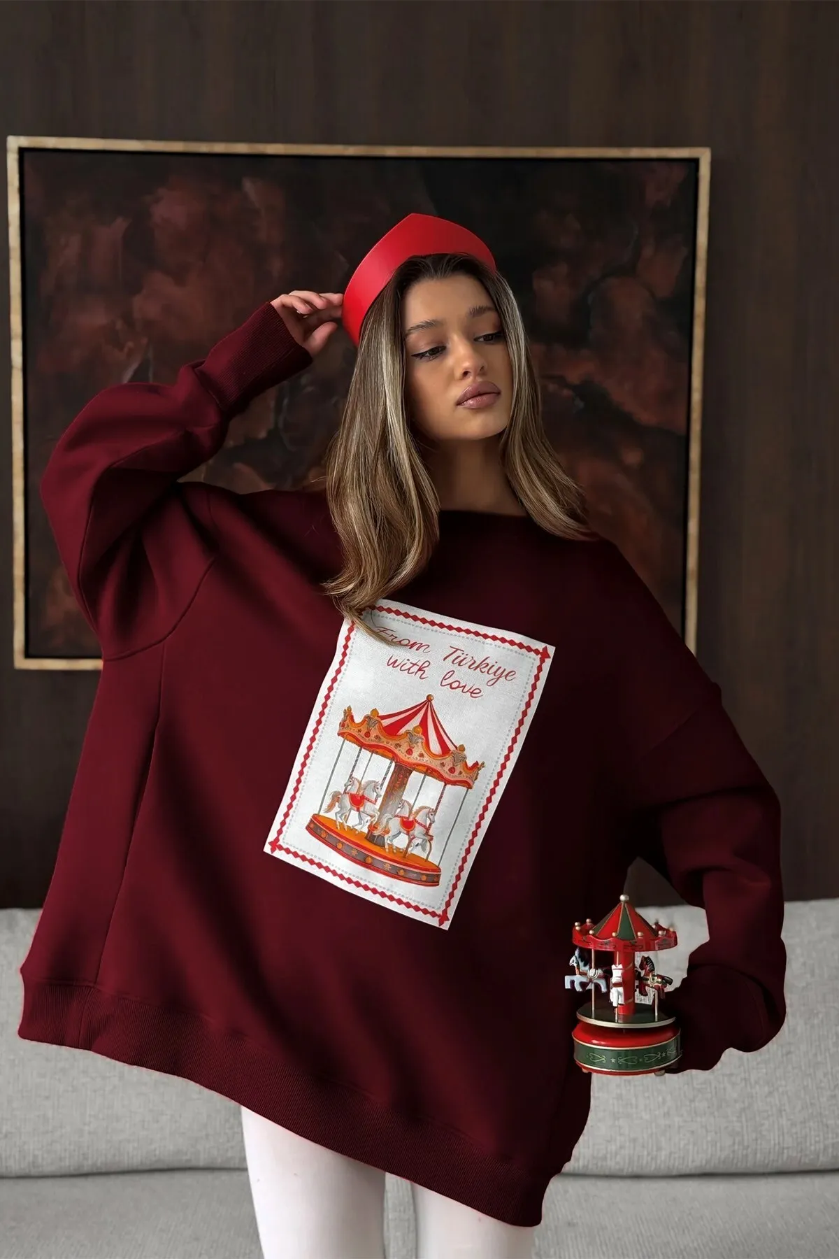 Damen Oversize Carousel Print Sweatshirt — Burgundy