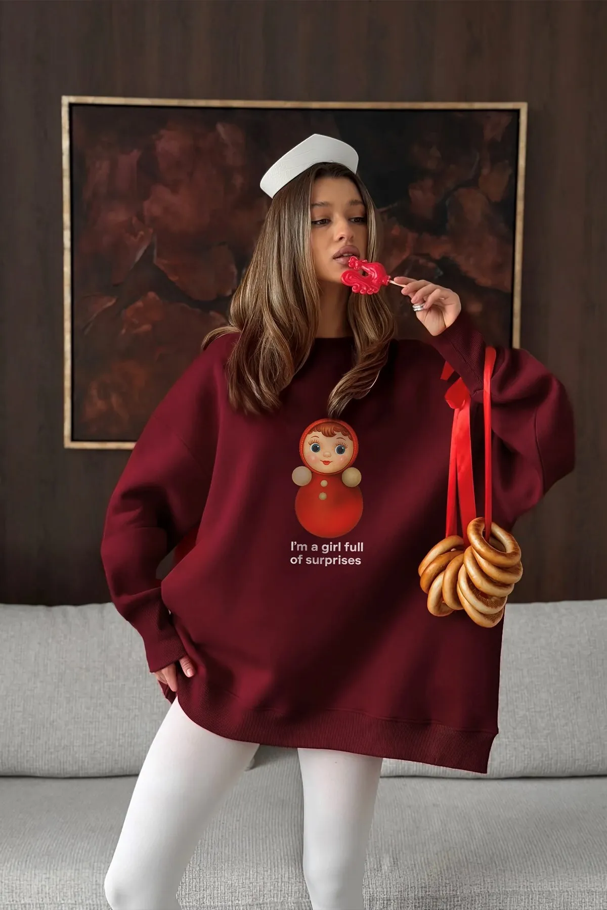 سويت شيرت نسائي أوفرسايز مطبوع 0231 — Burgundy