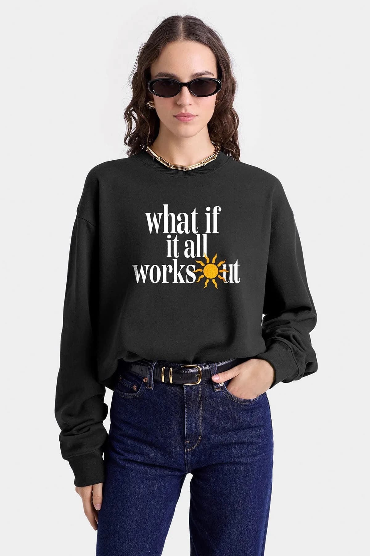 Women Oversize What If Print Sweatshirt — Smoke Gray