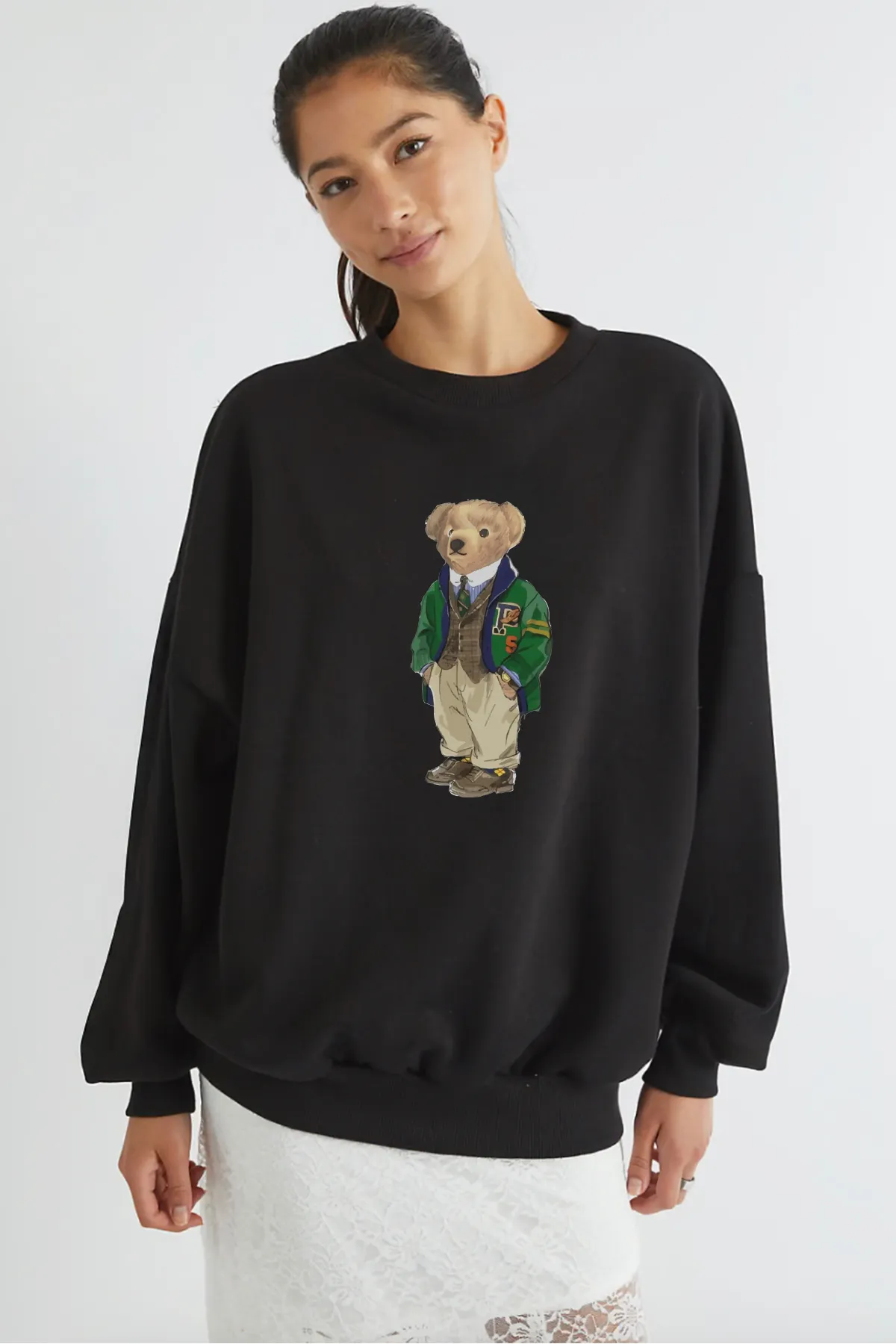 Damen Oversize Bär Print Sweatshirt — Black
