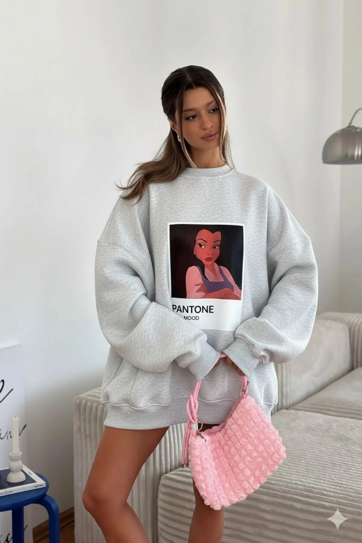 Damen Oversize Pantone Print Sweatshirt — Gray Melange