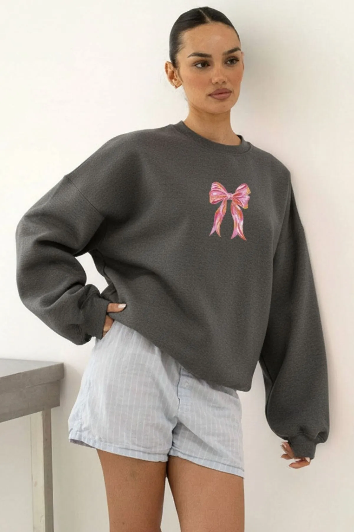 Damen Oversize Schleife Print Sweatshirt 0255 — Smoke Melange