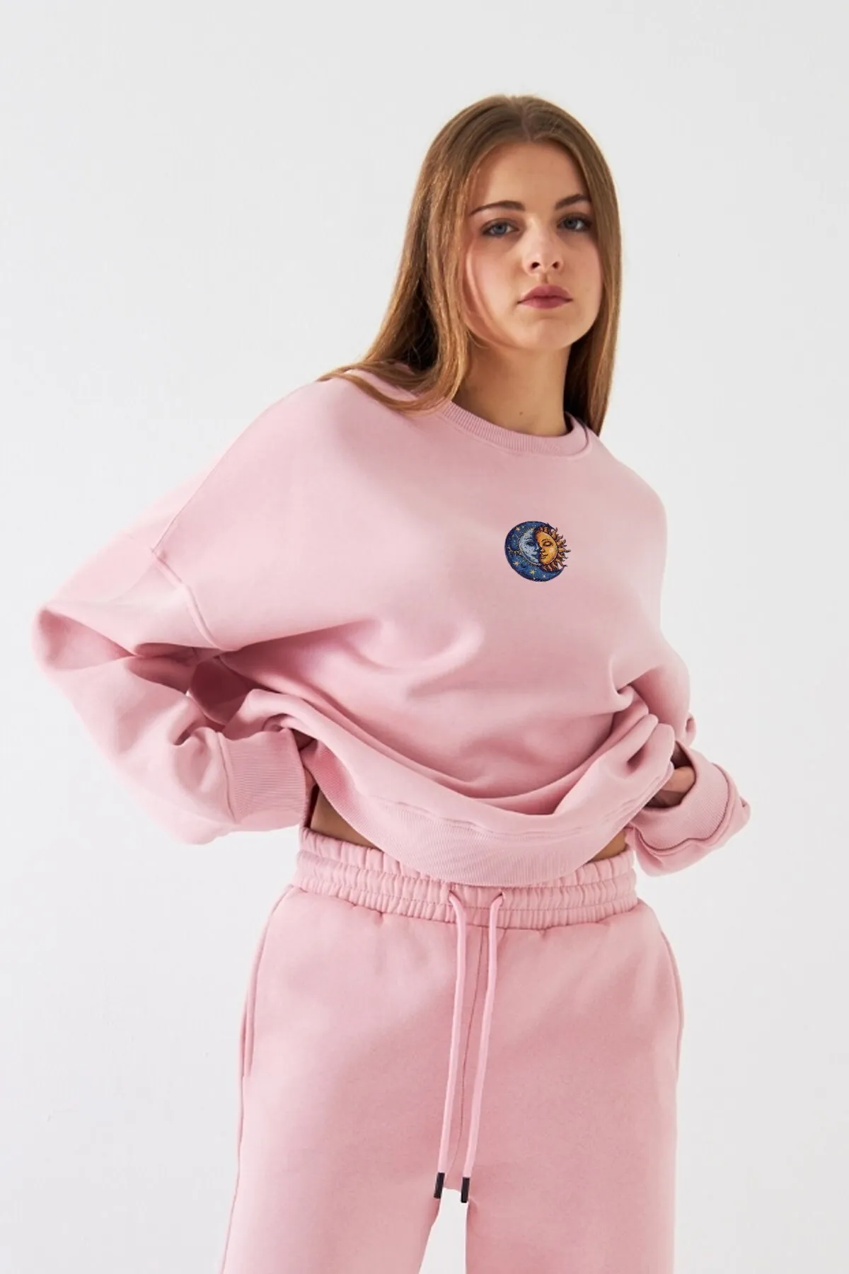 Damen Oversize Sun Moon Print Sweatshirt — Pink