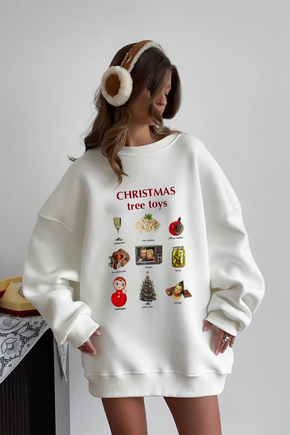 Damen Oversize Print Sweatshirt 0305 — White