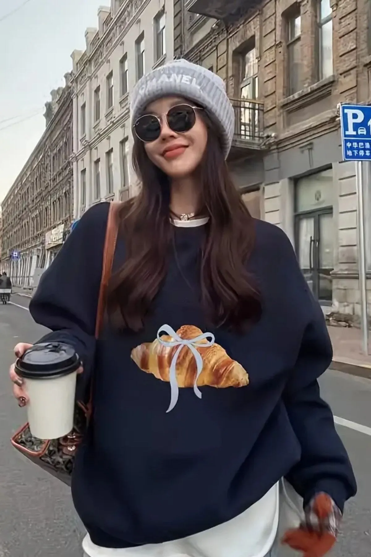 Damen Oversize Schleife Print Sweatshirt 0306 — Navy
