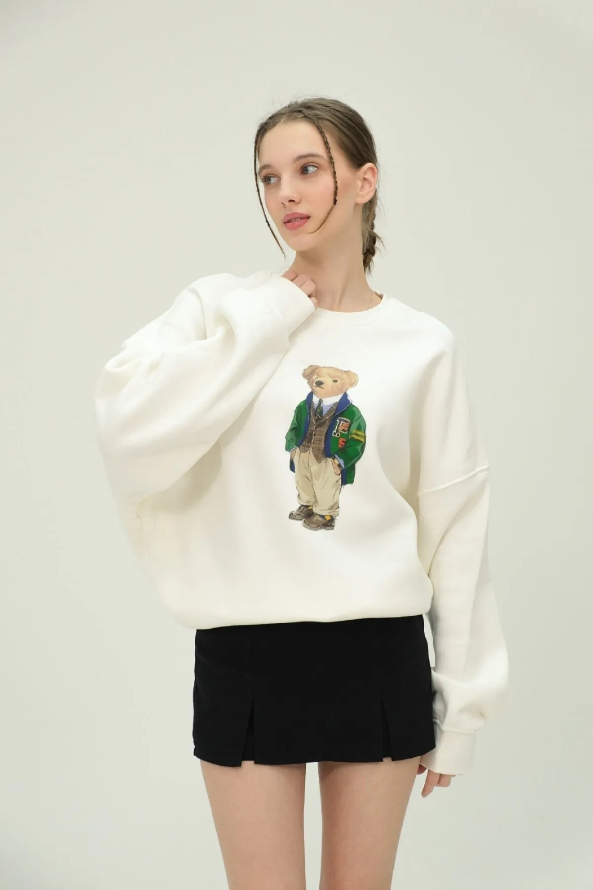 Kadın Oversize Teddy Baskılı Sweatshirt — Ecru