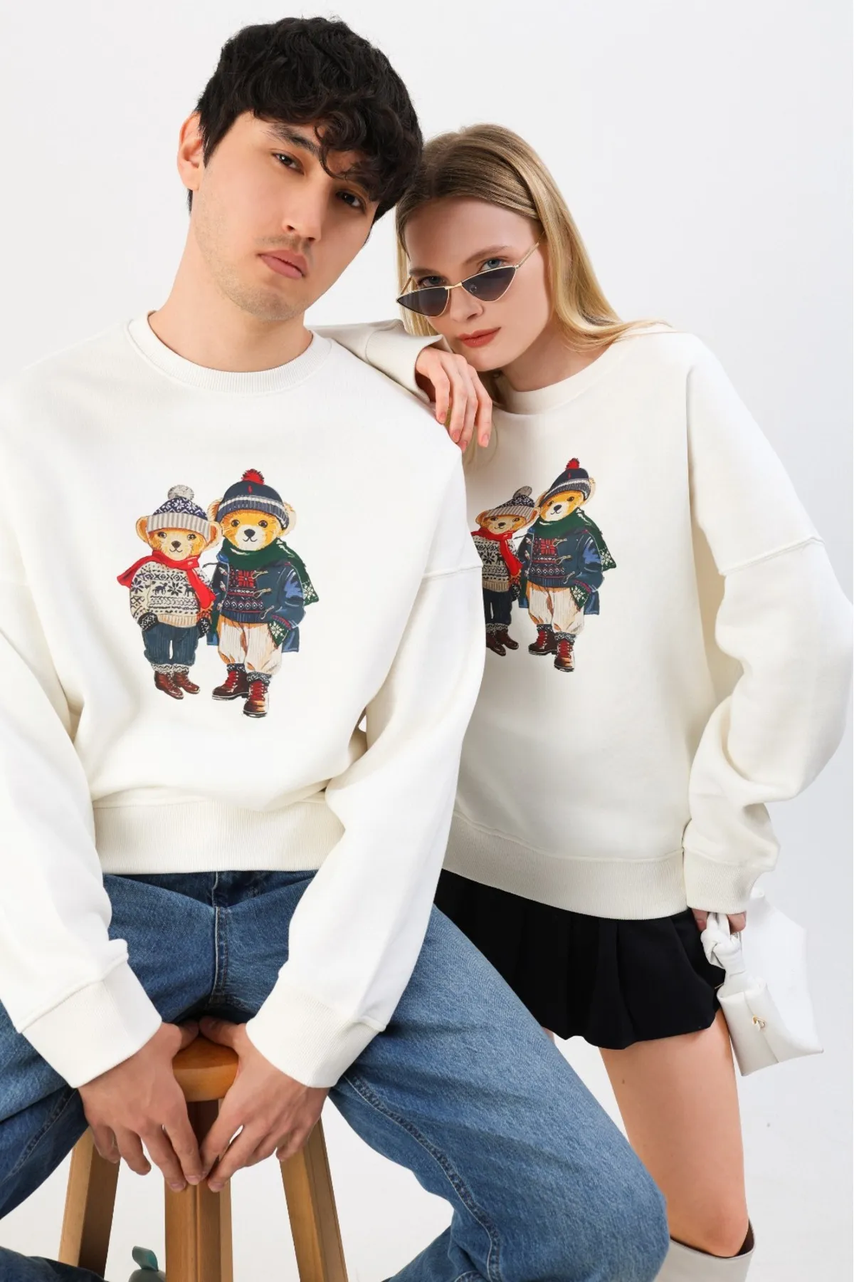 Unisex Teddy Pärchen Sweatshirt — White