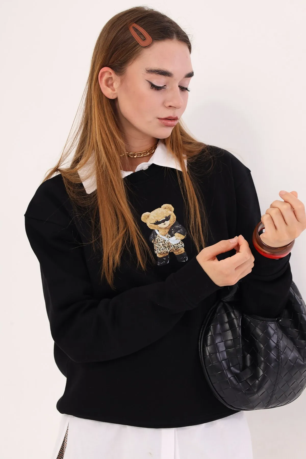 سويت شيرت للجنسين بطبعة Teddy Bear فهد — Black