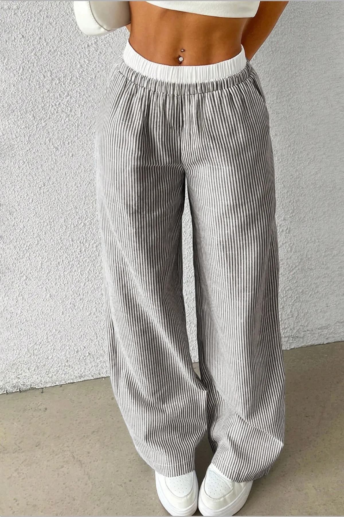 Women Striped Woven Trousers — White / Gray