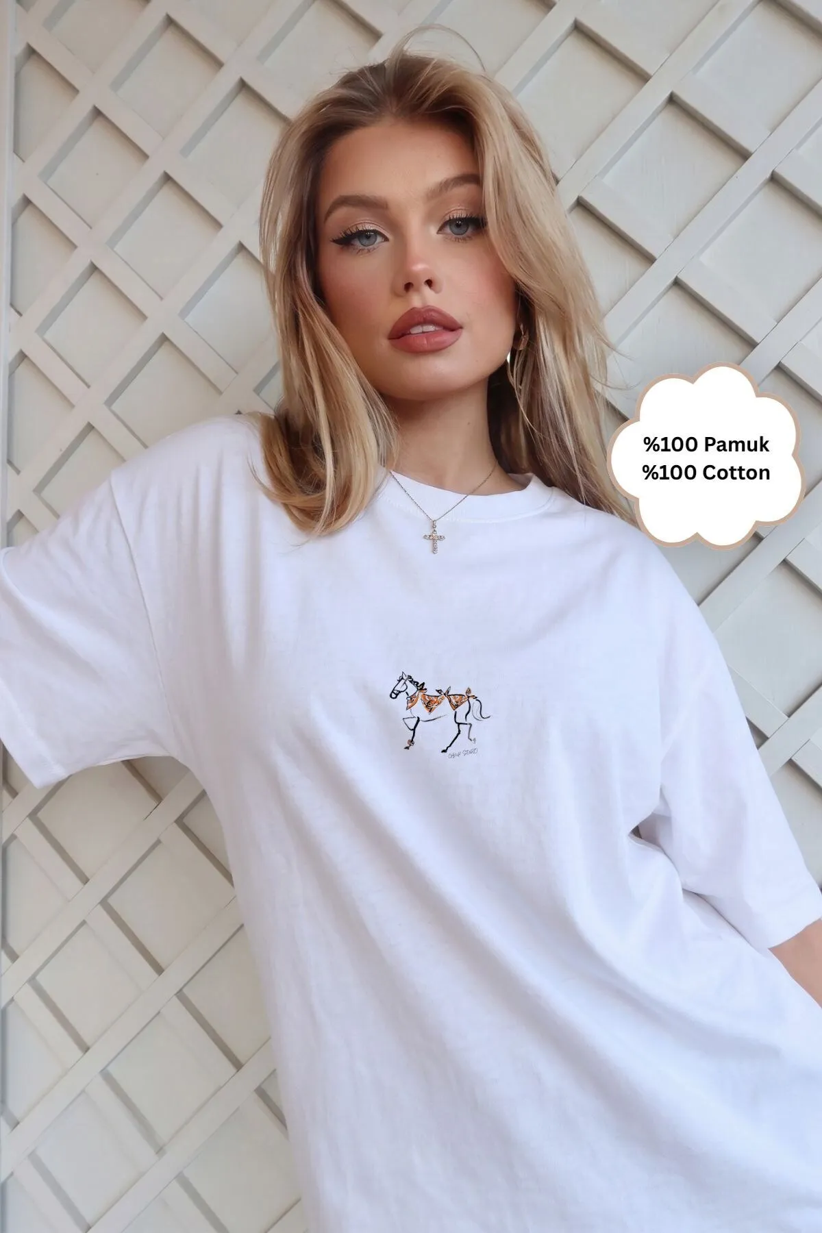 Women Oversize Equestrian Print T-Shirt — White
