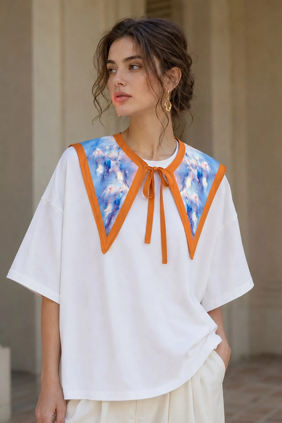 Women Sunset Derby Shawl T-Shirt — White
