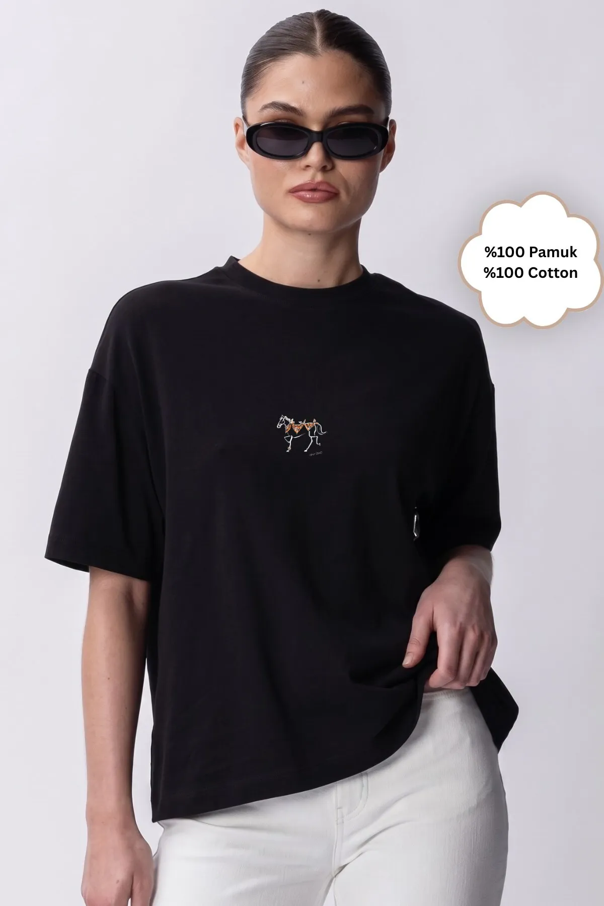 Women Oversize Equestrian Print 0049 — Black