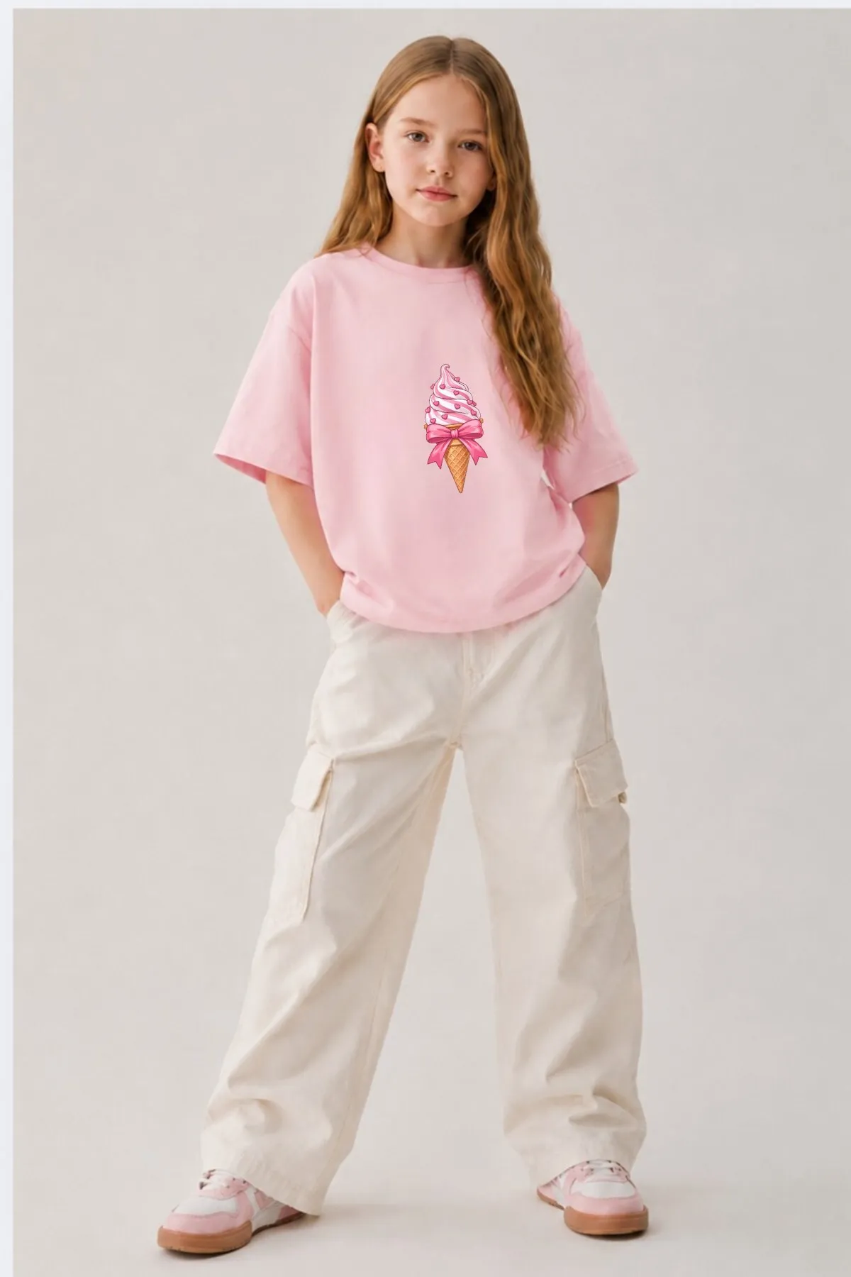 Girls Oversize Heart Print T-Shirt 0065 — Pink