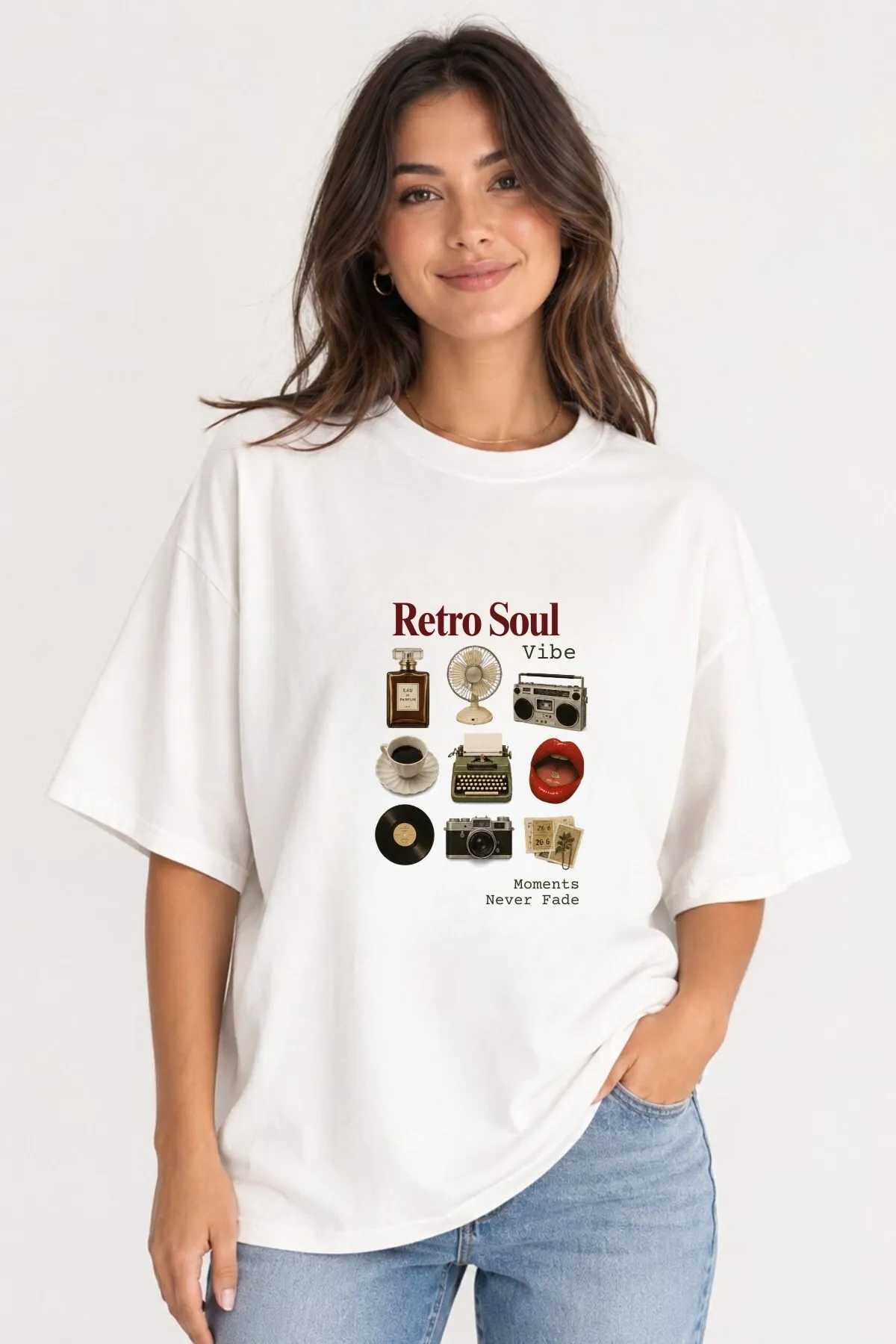 Women Oversize Retro Soul Print T-Shirt — White