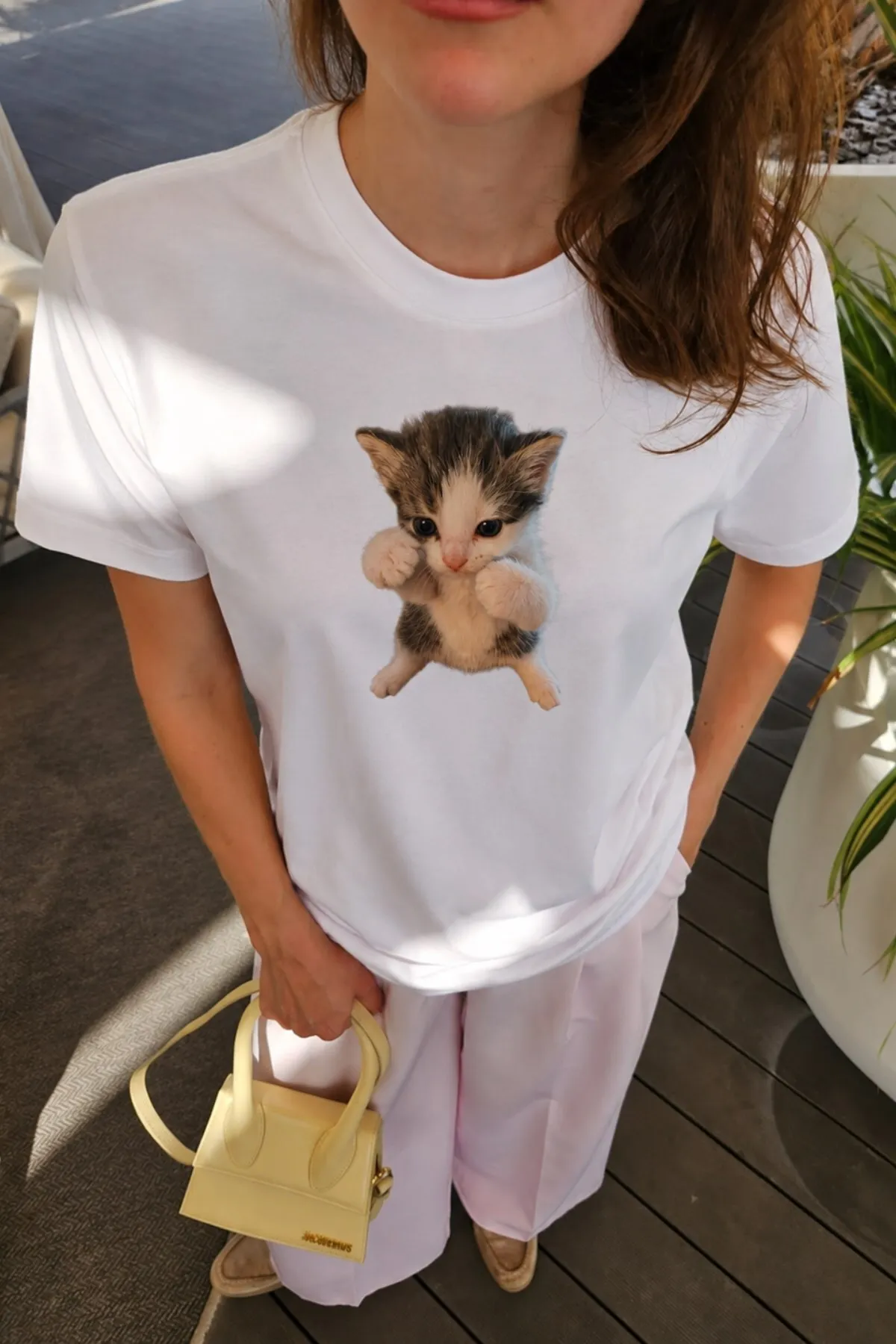 Damen Oversize Cat Print T-Shirt — White