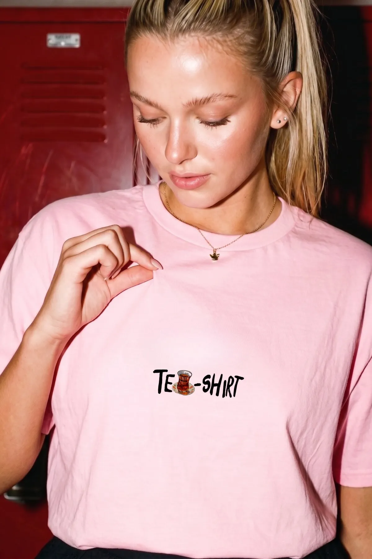 Damen Oversize Tea Print T-Shirt 0123 — Pink