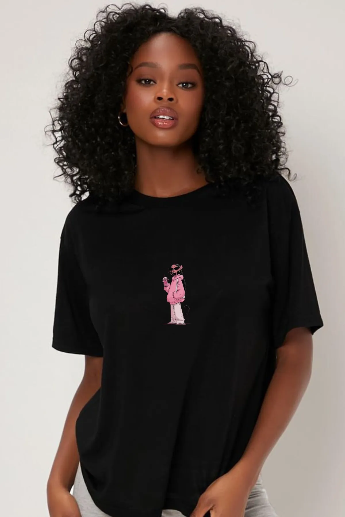 Damen Oversize Pink Kitty Print T-Shirt — Black