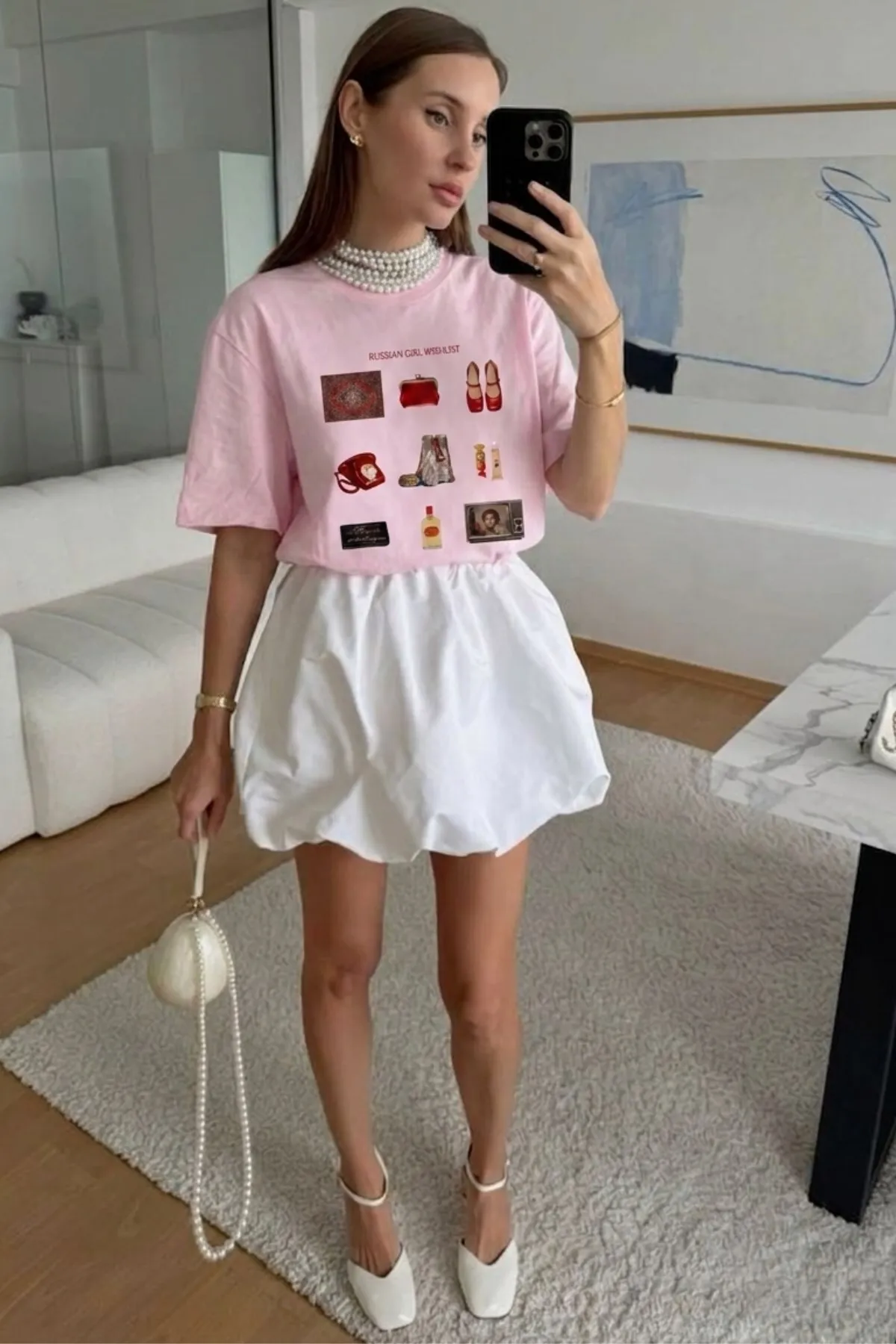 Women Oversize Russian Print T-Shirt — Pink