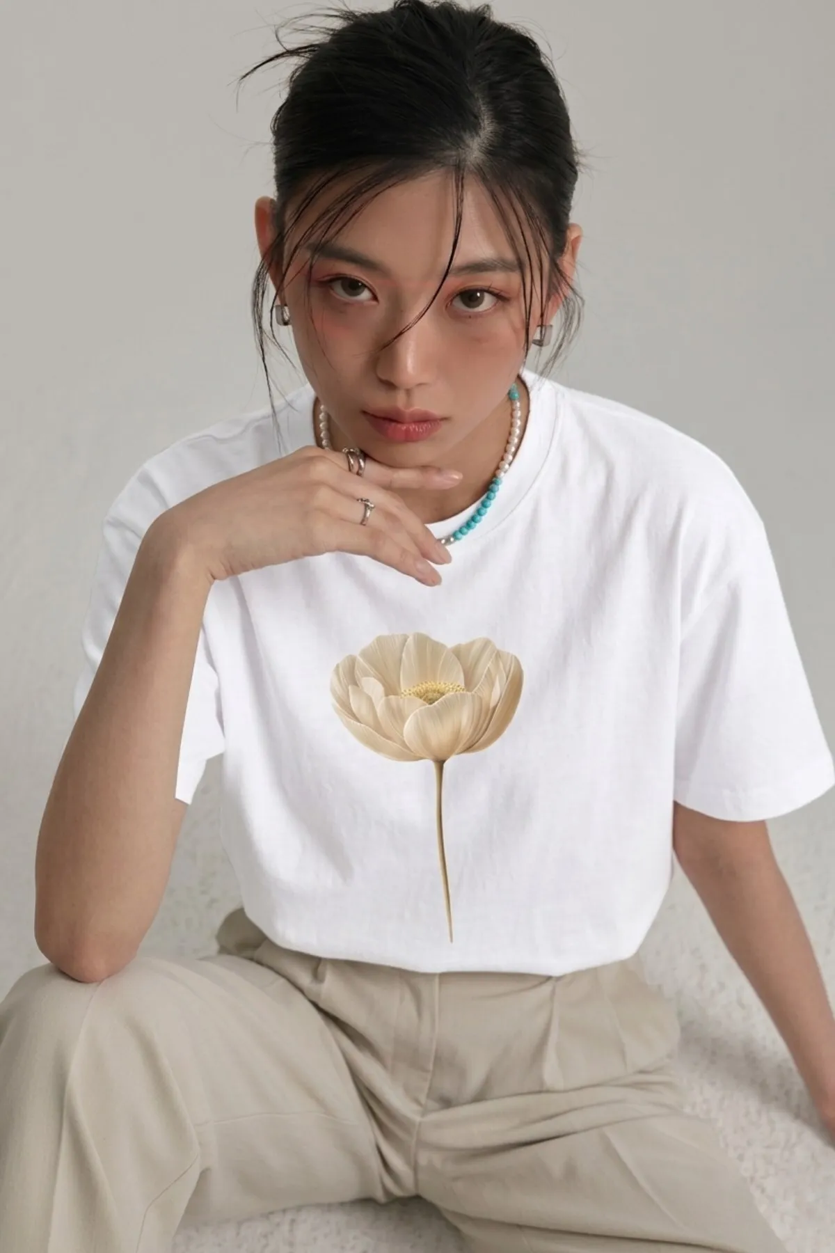 Damen Oversize Pure Bloom Print T-Shirt — White