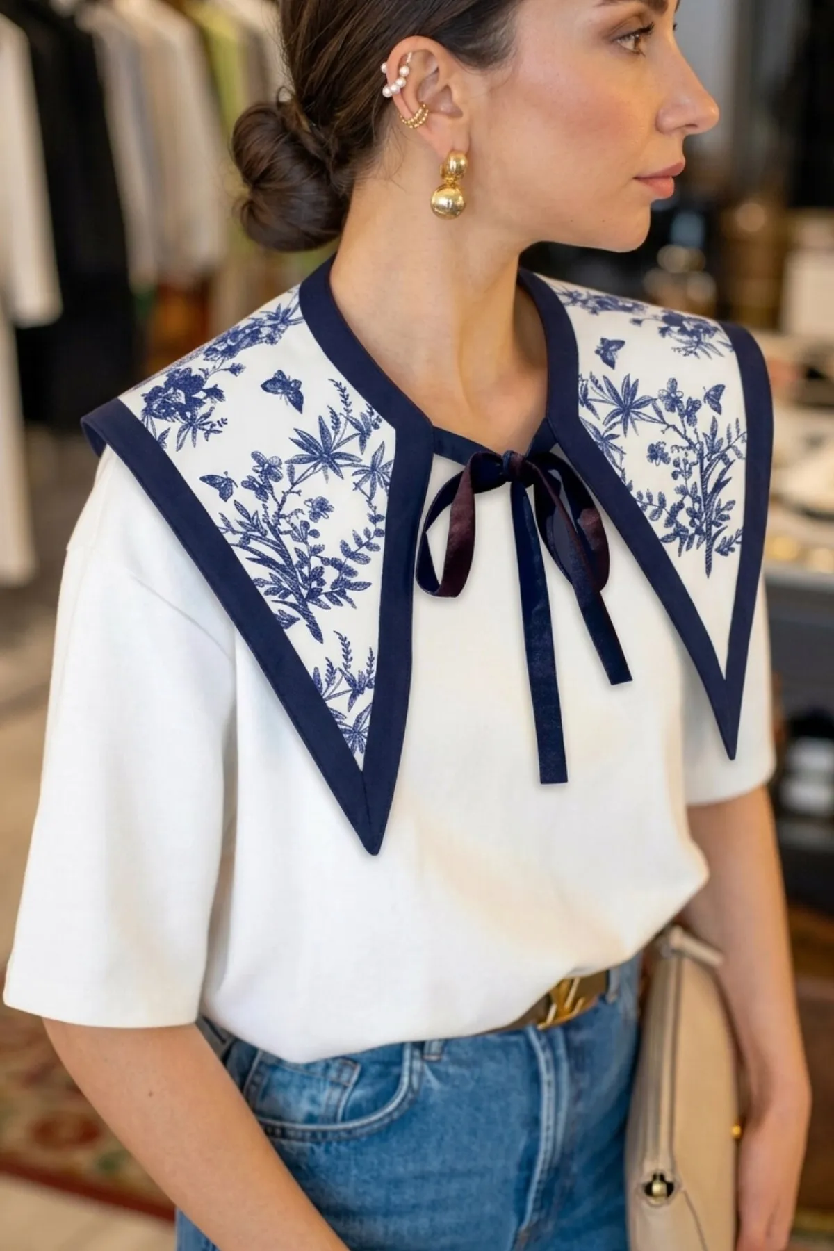 Damen Oversize Marin Duo Schal T-Shirt — White / Blue