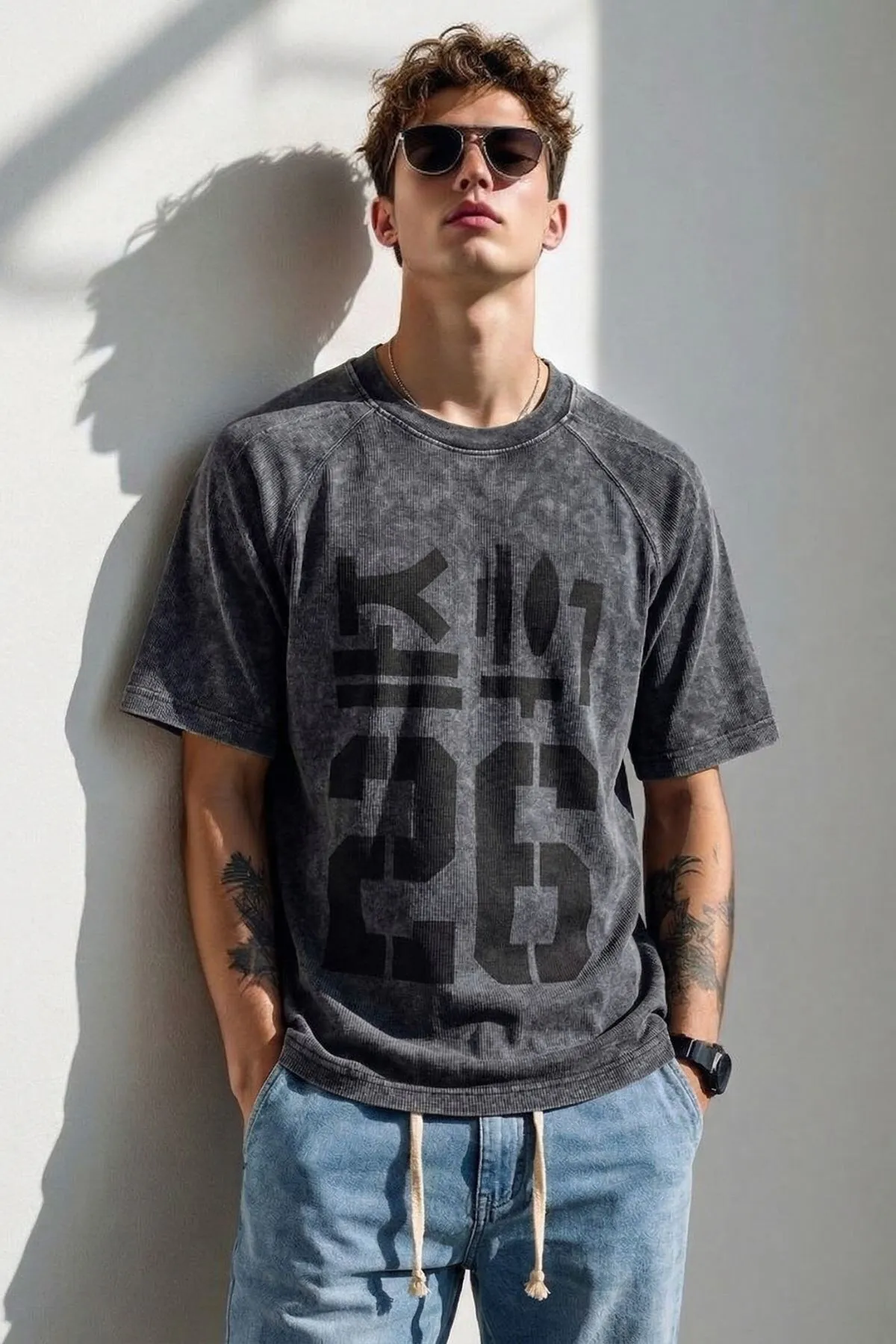 تي شيرت رجالي أوفرسايز بطبعة Code — Smoke Gray