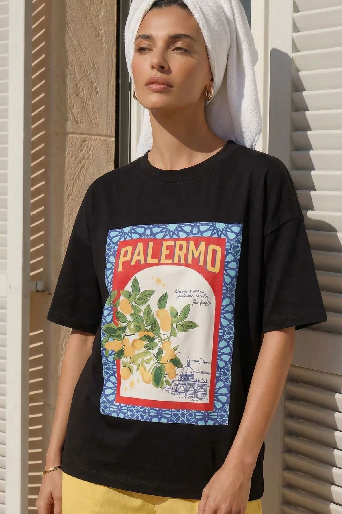 Kadın Oversize Palermo Baskılı Tişört — Black