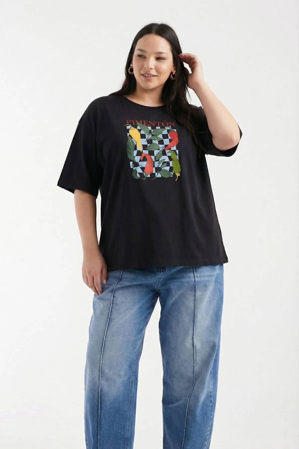 Kadın Oversize Double Baskılı Tişört — Black