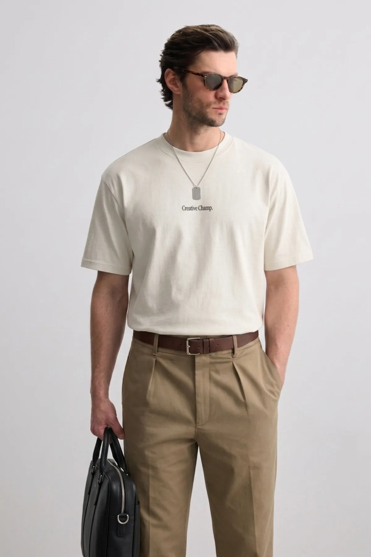 Men Oversize Creative Print T-Shirt — Ecru