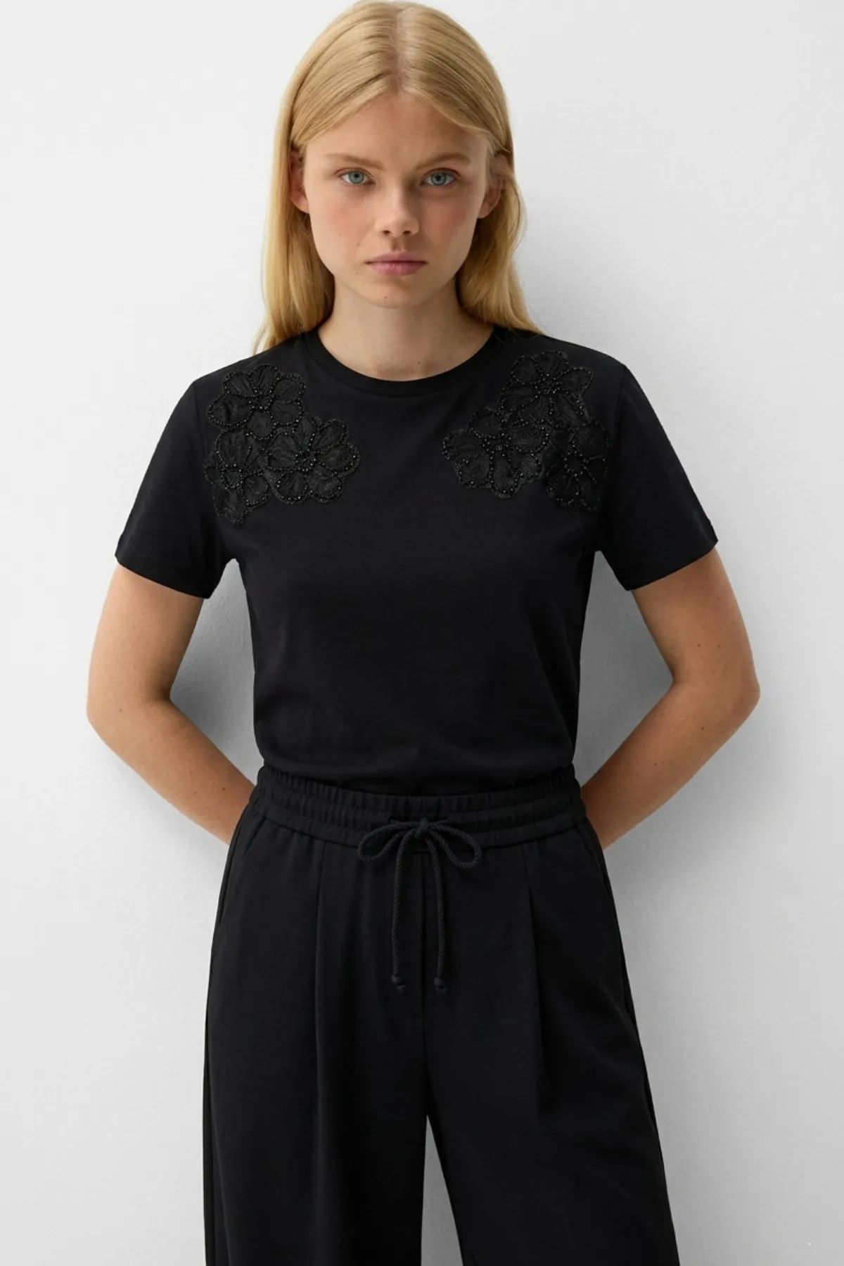 Damen Tüll Perle Bestickt T-Shirt — Black