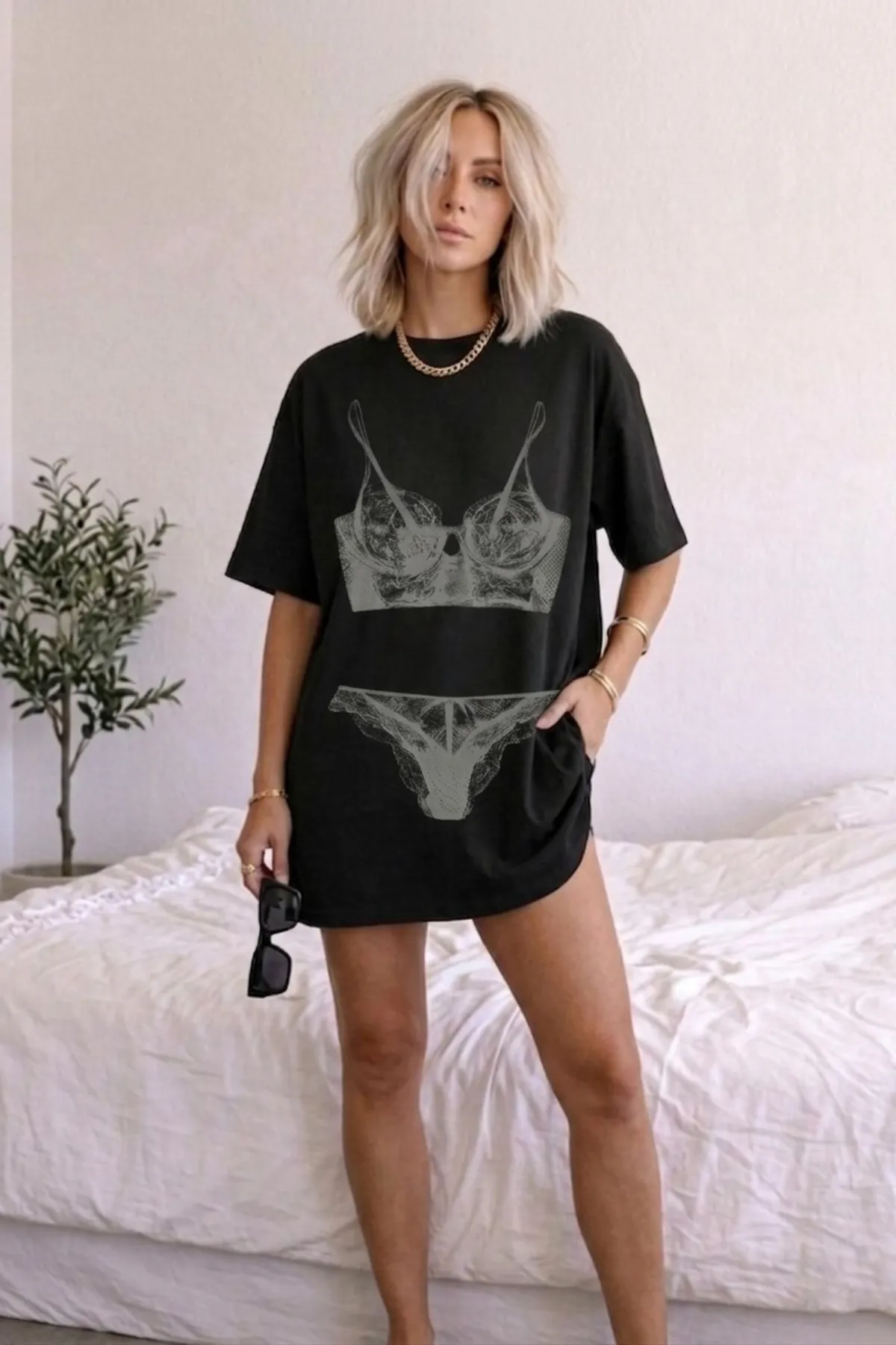 Women Oversize Double Print T-Shirt 0168 — Black