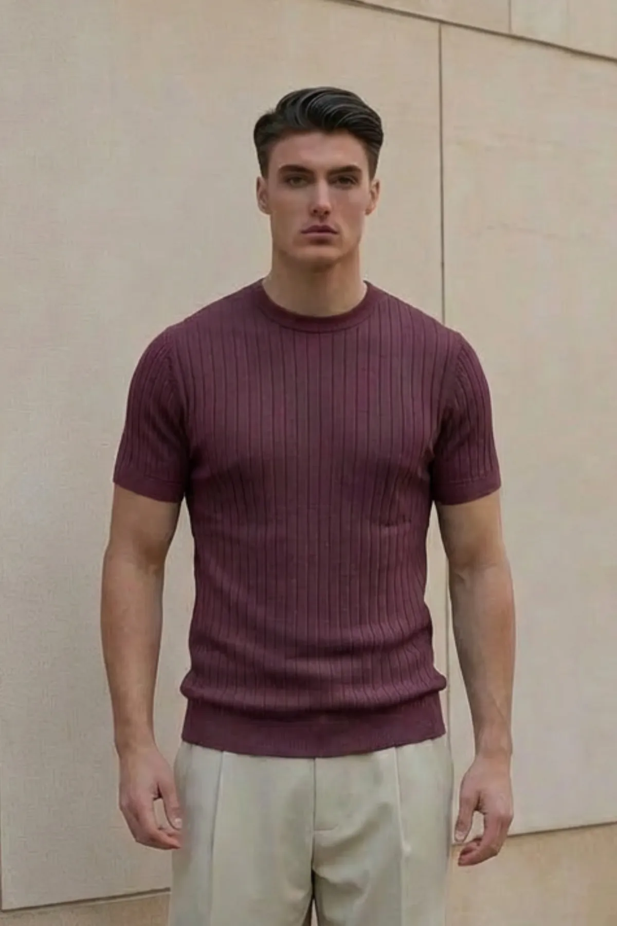 Herren Strick Strukturiert T-Shirt — Burgundy