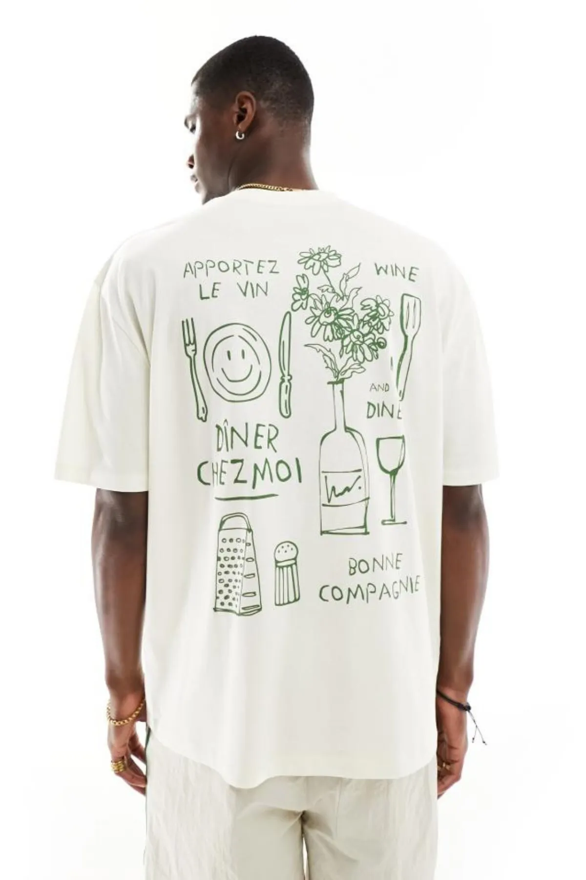 Herren Oversize Dinner Print T-Shirt — White