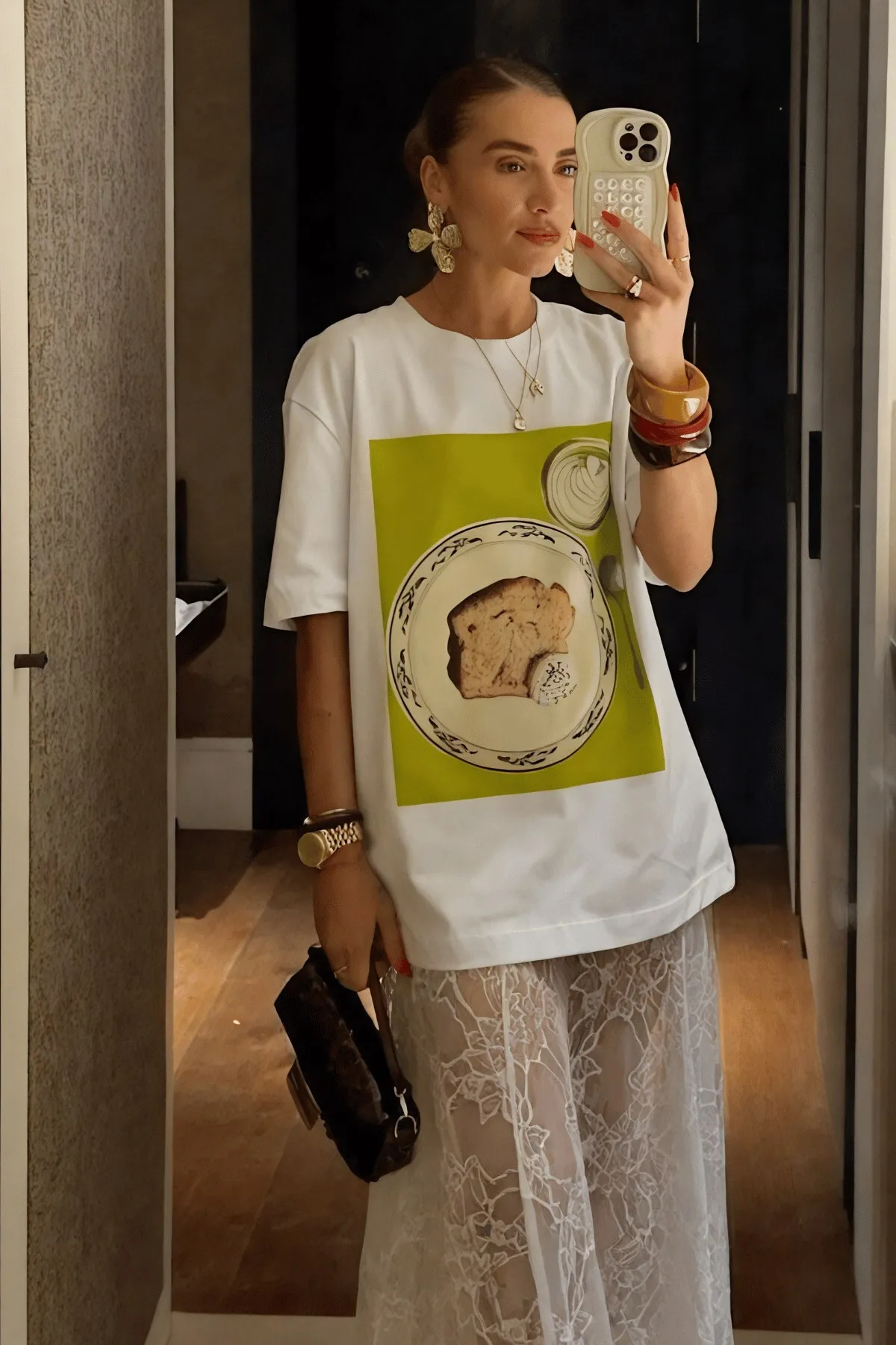 Damen Oversize Breakfast Print T-Shirt — White